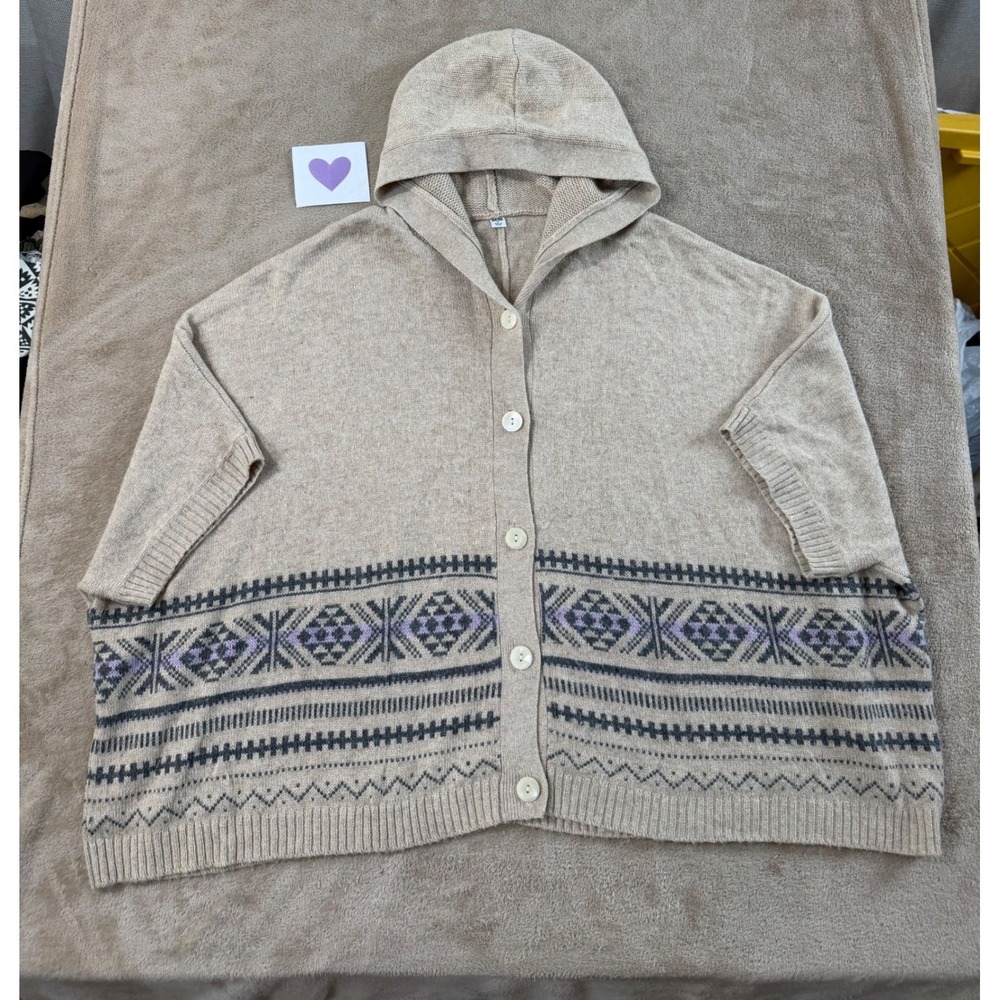 Uniqlo Fair‎ Isle Hooded Poncho Cardigan Womens Size M Beige Wool Blend